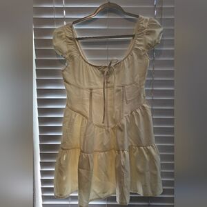 PrettyLittleThing Cream Puff Sleeve Tiered Dress with Tie Front, Boning/corset